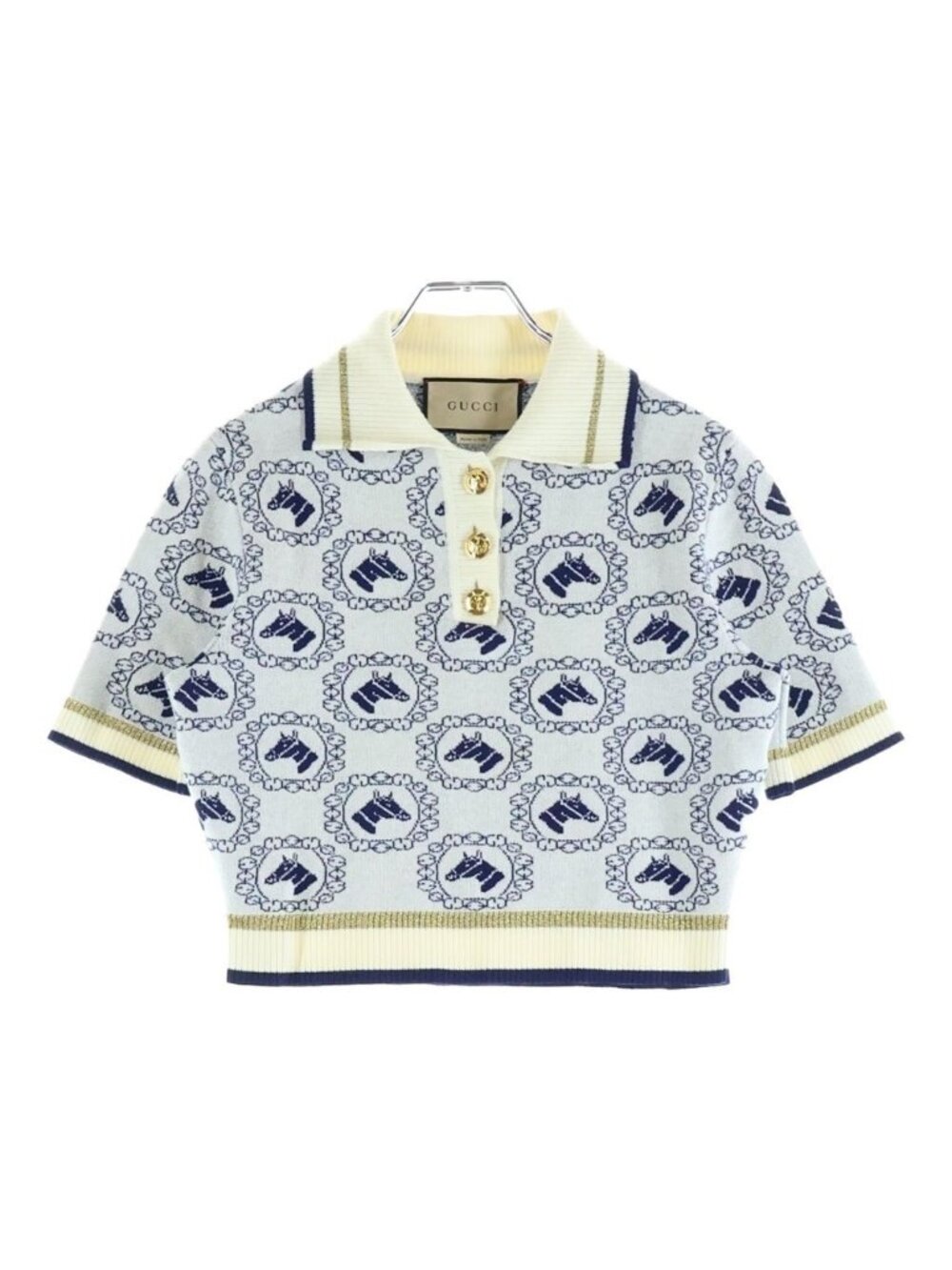 Gucci Horse Motif All Over Print Button Up Short Sleeve Polo Shirt Blue White